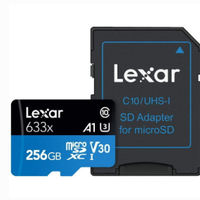 Lexar LSDMI256BB633A 256 GB Lexar - C10, A1, UHS-I (U3), V30, up to 100MB/s read, 45MB/s write With adapter