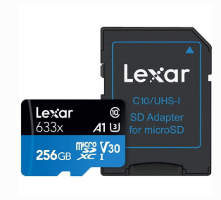 Lexar LSDMI256BB633A 256 GB Lexar - C10, A1, UHS-I (U3), V30, up to 100MB/s read, 45MB/s write With adapter